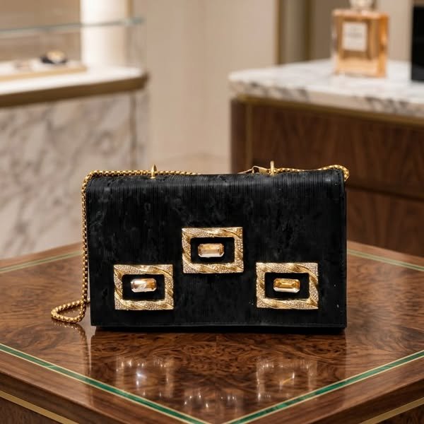 Jeweled Crystal Trio Buckle Velvet Evening Flap Bag with Gold Chain