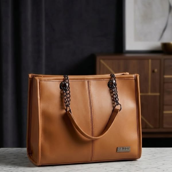 Contemporary Camel Leather Shopper Tote with Gunmetal Curb-Chain Straps