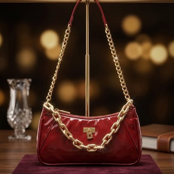 Glossy Cherry Red Patent Baguette Bag with Draped Statement Gold Chain