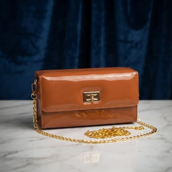 High-Gloss Patent Leather Mini Box Clutch with Gold Chain
