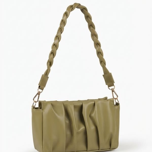 Soft Ruched Vegan Leather Baguette Bag with Braided Cable Strap