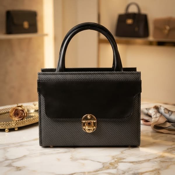 Two-Tone Textured Satchel with Arch Handle & Gold Push-Lock