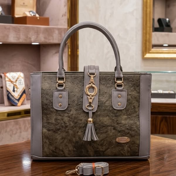 Ostrich-Textured Structured Satchel with Medallion Buckle & Tassel