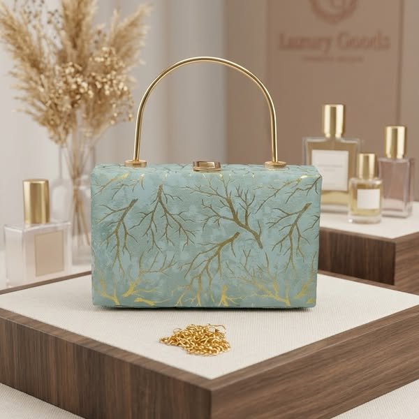 Botanical Gold Branch Minaudière Evening Box Clutch in Sage Green