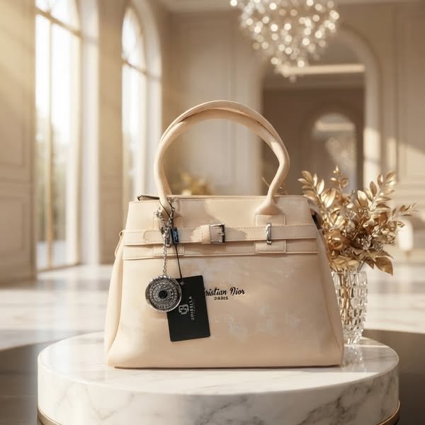 Equestrian Belted Ivory Satchel Handbag with Engraved Silver Charm