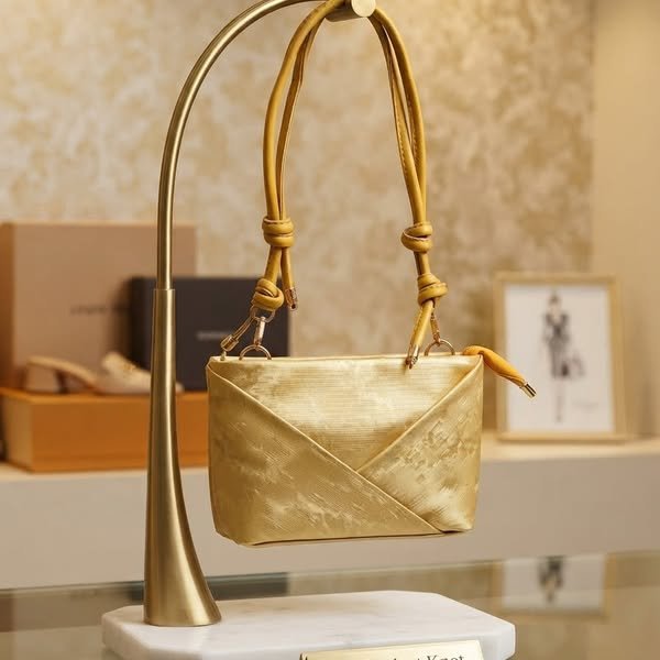Champagne Gold Origami Fold Evening Bag with Knotted Mustard Cord Strap