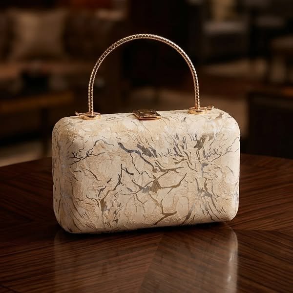 Artisanal Marbled Vein Minaudière Evening Box Clutch with Ribbed Gold Top Handle