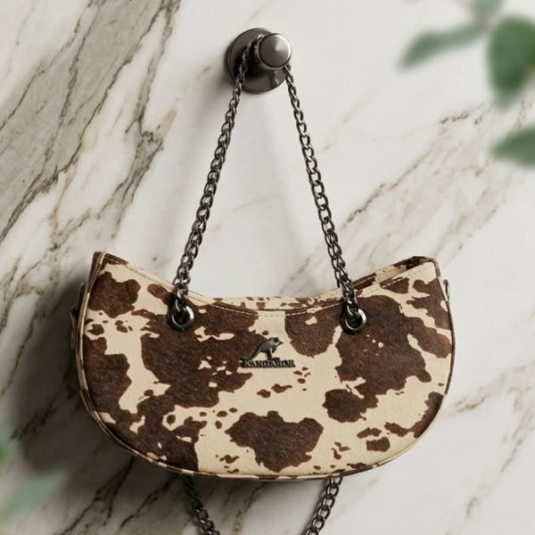 Western Cow-Print Hair-on-Hide Crescent Baguette Bag with Gunmetal Chain