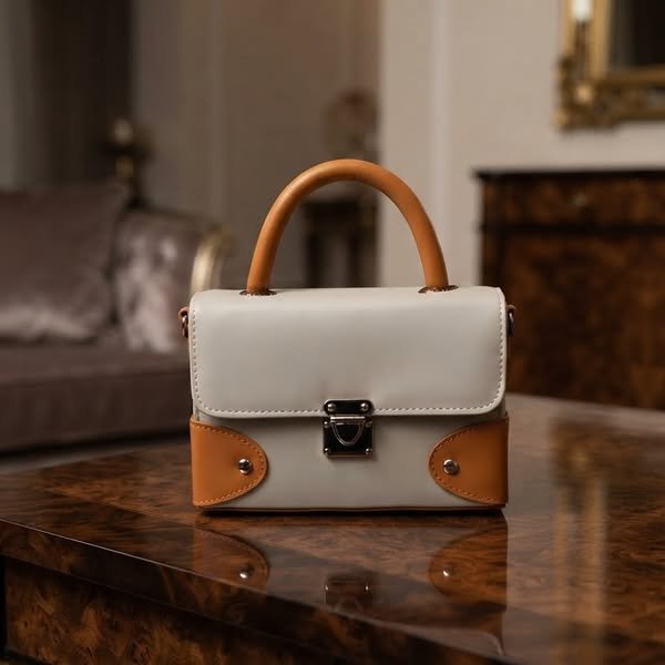 Classic Two-Tone Luggage Box Satchel with Riveted Corner Guards