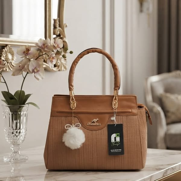 Ribbed Texture Satchel with Kangaroo Crest & Plush Pom-Pom Charm