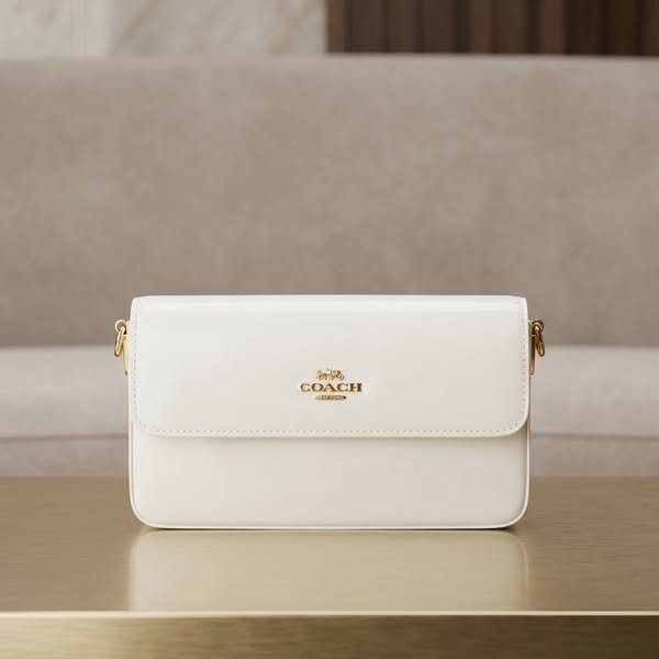 Minimalist Glazed Leather Flap Crossbody Clutch in Chalk White