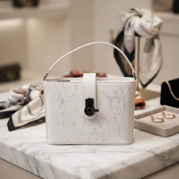 Marbled Architectural Vanity Box Tote with Gunmetal Turn-Lock