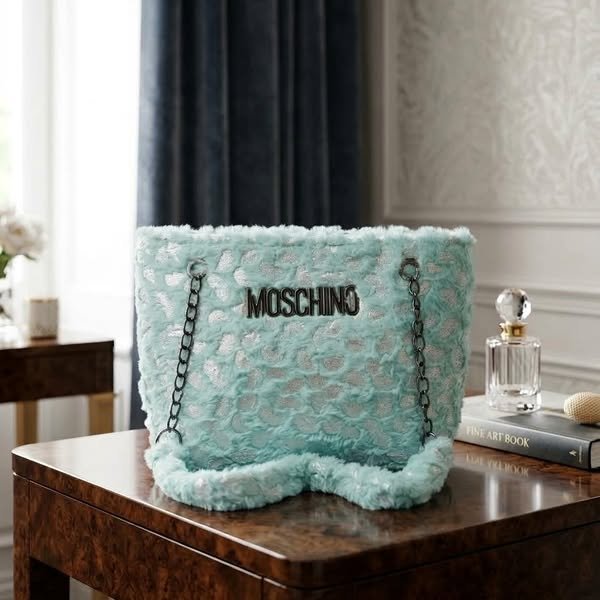 Plush Jacquard Faux Fur Bucket Tote with Gunmetal Chain Strap