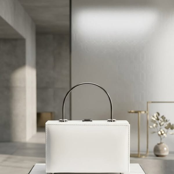 Architectural White Structured Box Bag with Polished Silver Arch Handle