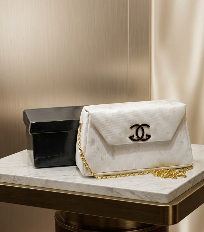 Ivory Ribbed Marble-Finish Envelope Flap Clutch with Enamel Emblem and Gift Box