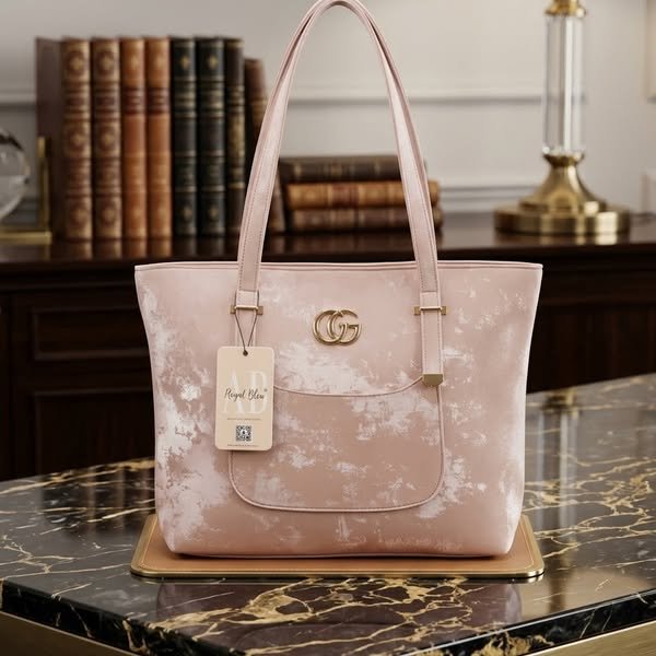 Blush Pink Marbled Cloud-Wash Structured Tote with Gold Monogram