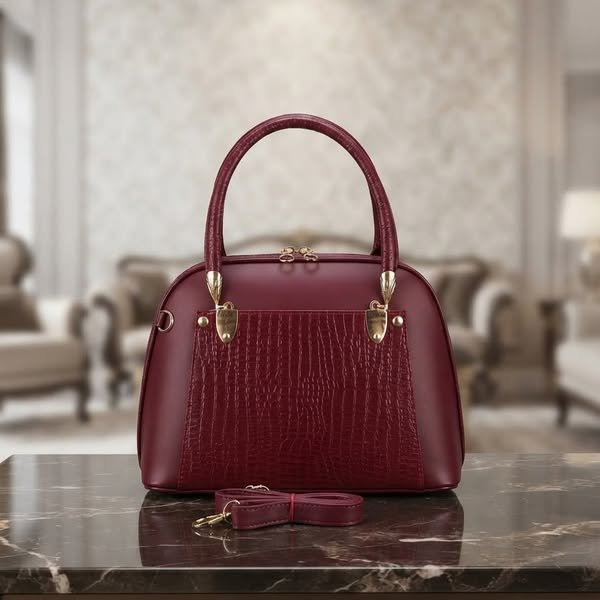 Burgundy Croc-Embossed Structured Dome Satchel Handbag