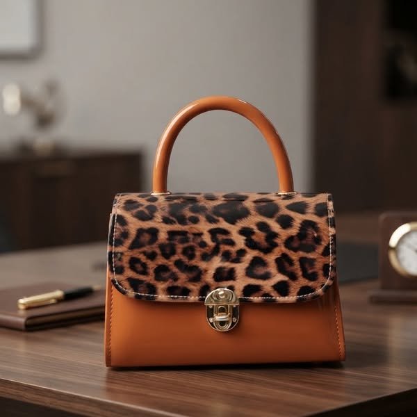 Cognac Leather Mini Flap Satchel with Exotic Leopard Print Accent