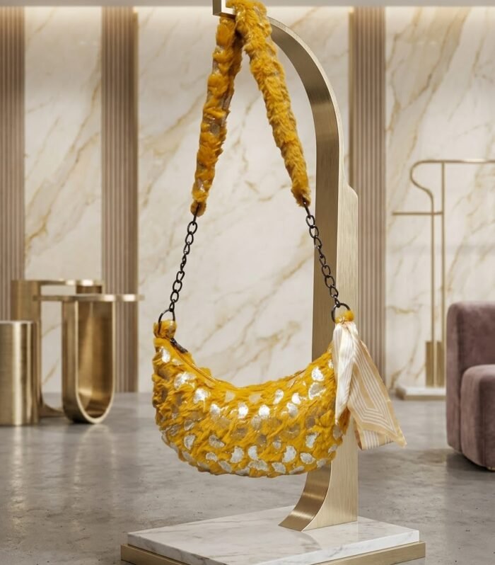 Textured Floral Velvet Crescent Shoulder Bag with Ruched Chain Strap