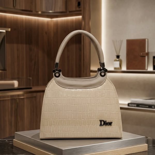 Crocodile-Embossed Sculpted Satchel Handbag with Arched Tubular Handle