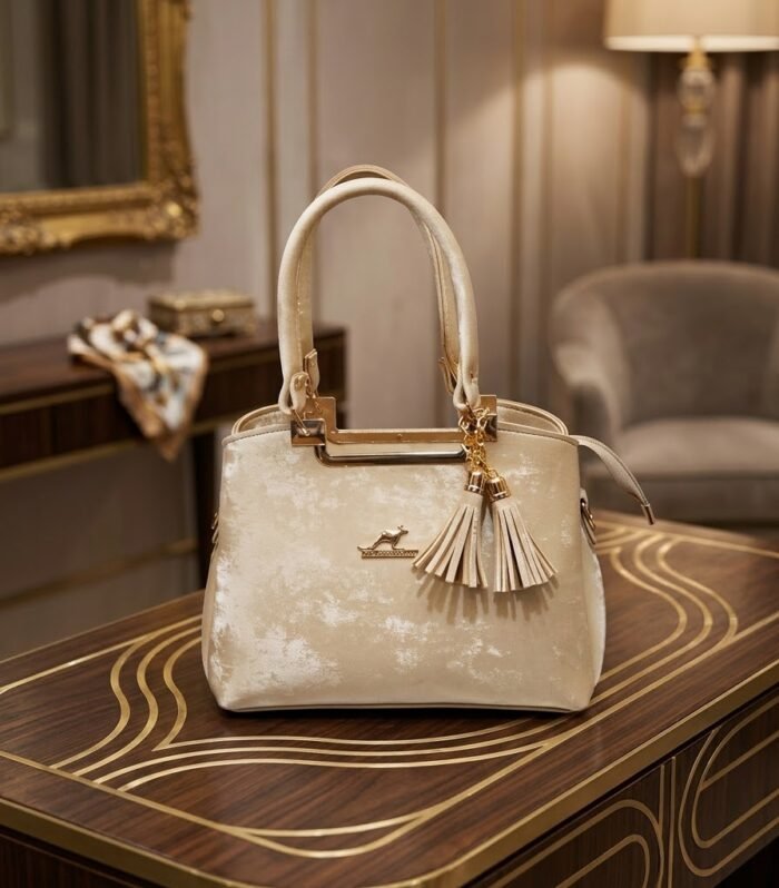 Structured Crushed Velvet Top-Handle Satchel Handbag in Champagne Beige
