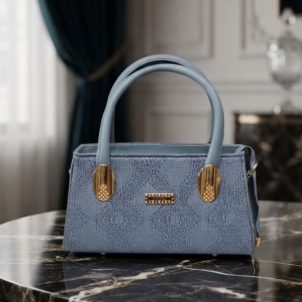 Dusty Blue Bouclé Diamond Quilted Satchel with Fluted Gold Mounts