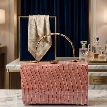 Dusty Rose Croc-Embossed Structured Vanity Box Bag with Gold Arch Handle