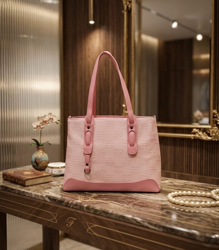 Geometric Debossed Labyrinth Monogram Structured Shoulder Tote Bag