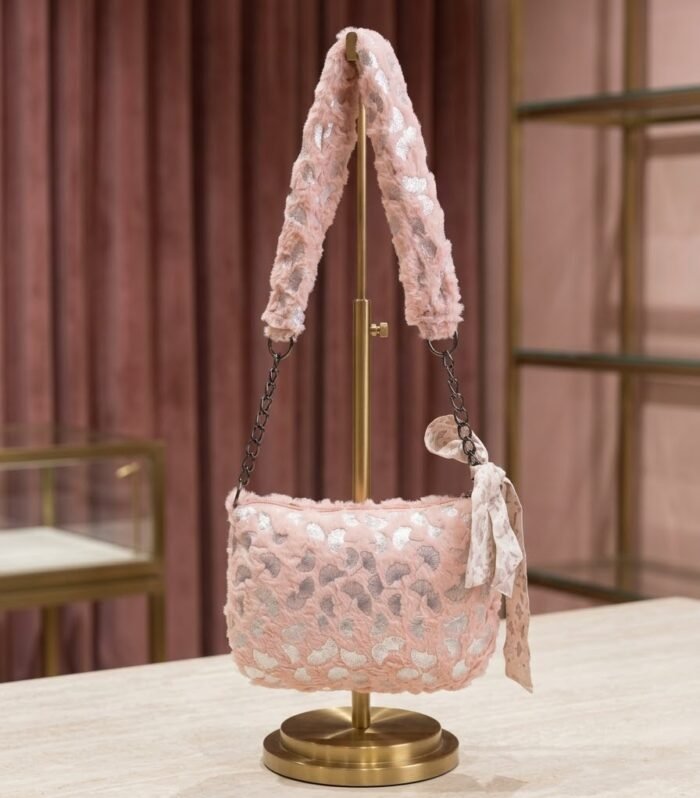 Dusty Rose Metallic Ginkgo Foil Plush Shoulder Bag with Chain Strap and Twilly Scarf