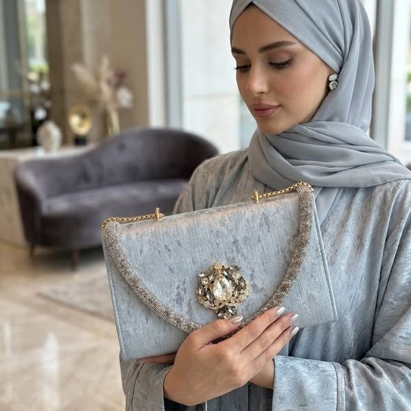 Ice Blue Crushed Velvet Formal Evening Bag with Baroque Crystal Brooch