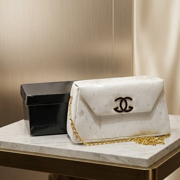 Ivory Ribbed Marble-Finish Envelope Flap Clutch with Enamel Emblem and Gift Box