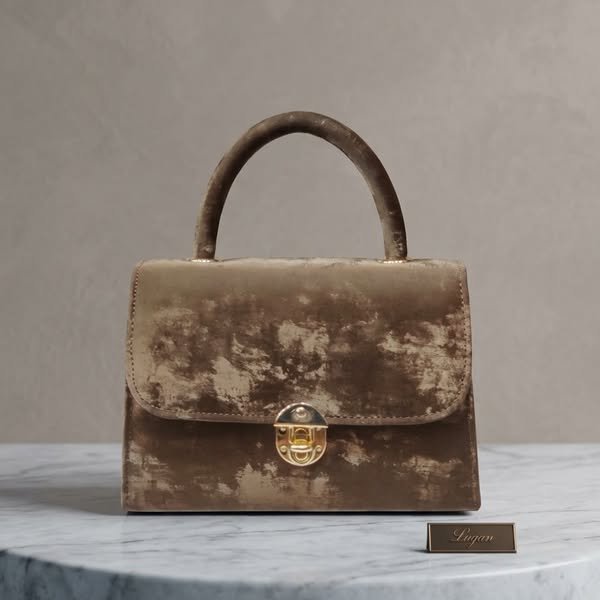 Lustrous Antique Bronze Crushed Velvet Flap Satchel with Oval Gold Lock