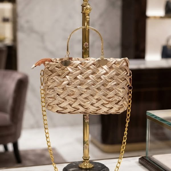Luxe Metallic Woven Lattice Evening Crossbody Bag with Arched Gold Handle