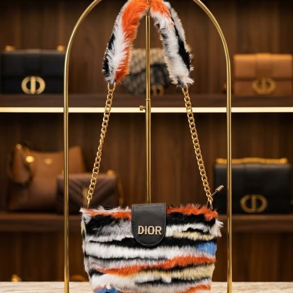 Multicolor Striped Plush Faux Fur Shoulder Bag with Gold Lettering and Chain Strap