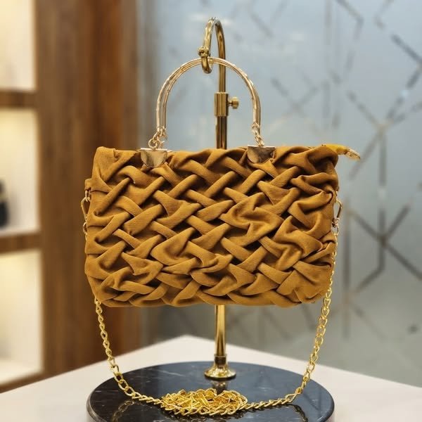 Mustard Ochre Chunky Woven Lattice Pouch Bag with Rigid Gold Arch Handle