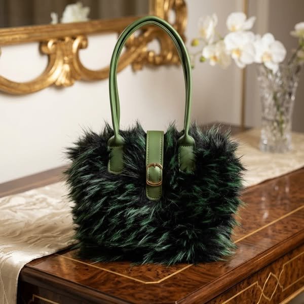 Opulent Forest Green Plush Faux Fur Flap Tote Bag with Gold Buckle