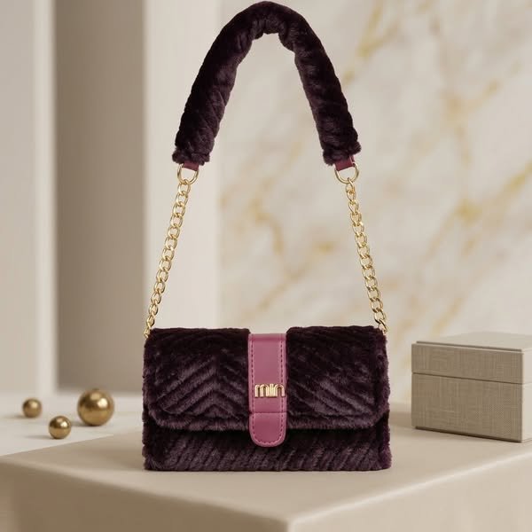 Plum Aubergine Chevron Faux Fur Shoulder Bag with Puffy Fur Handle and Gold Chain