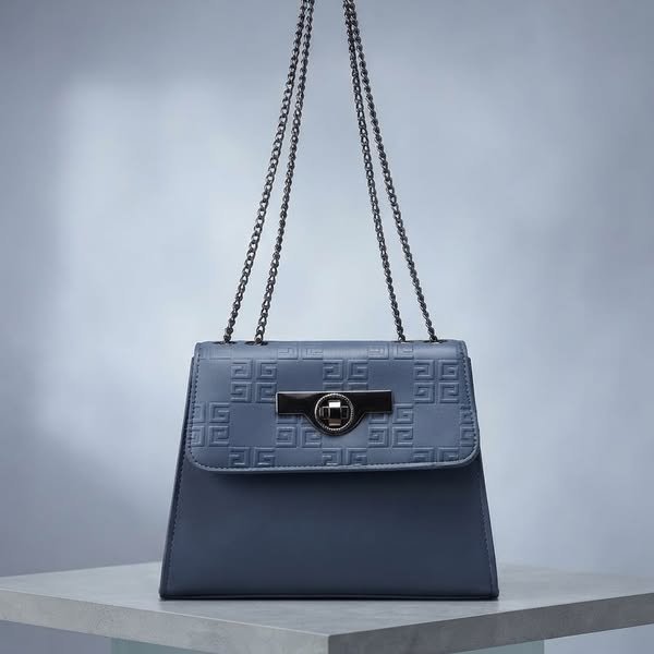 Slate Blue Debossed Labyrinth Flap Crossbody Bag with Gunmetal Chain