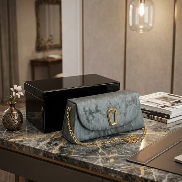 Slate Blue Watered-Silk Flap Evening Clutch with Geometric Gold Buckle and Gift Box