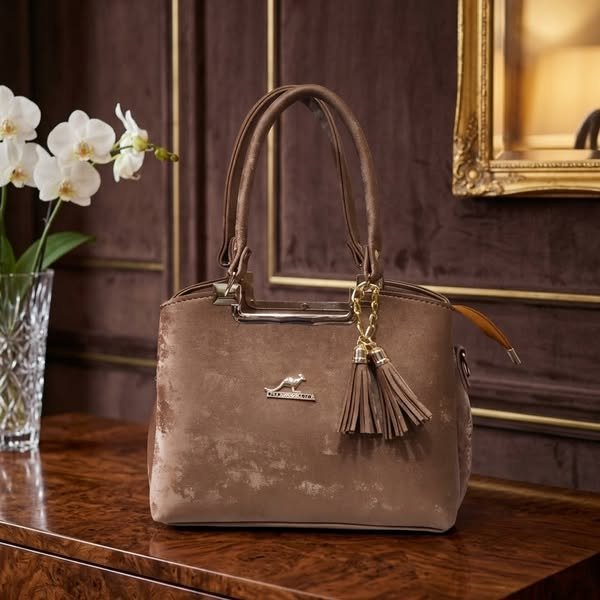 Structured Crushed Velvet Trapeze Satchel with Gold Kangaroo Crest and Tassel Charm