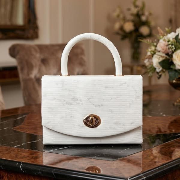Structured Ribbed Marble-Effect Vanity Bag with Arched Handle and Gold Turn-Lock