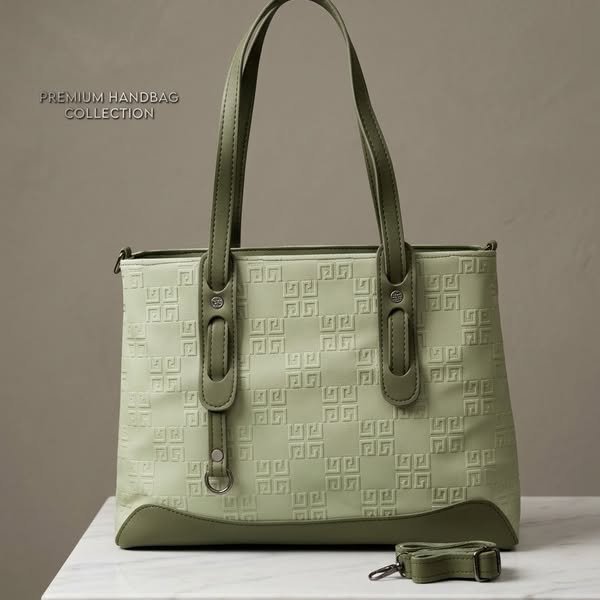 Two-Tone Sage & Olive Debossed Monogram Structured Tote Bag