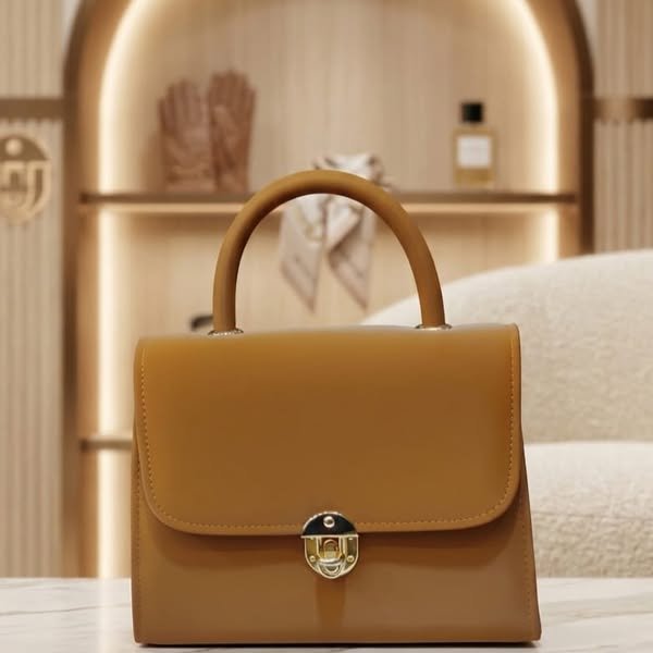 Vintage Cognac Leather Top-Handle Flap Satchel with Gold Lock